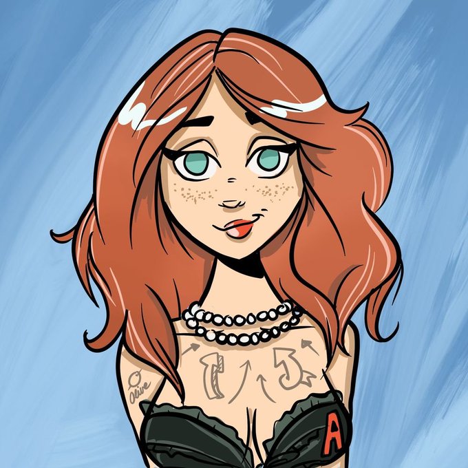 A digital illustration of a stylized female character with brown hair, green eyes, freckles, pearl necklaces, and a black bra with a red 'A', set against a blue background.