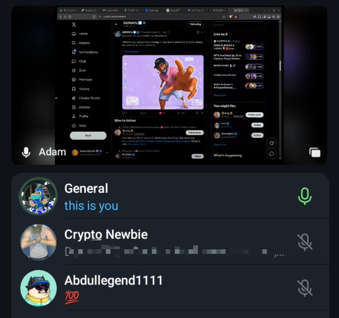 A screenshot of an X (Twitter) Spaces audio chat room with three participants: 'General' (this is you), 'Crypto Newbie' (muted), and 'Abdullegend1111' (muted), shown over a browser displaying the X feed.