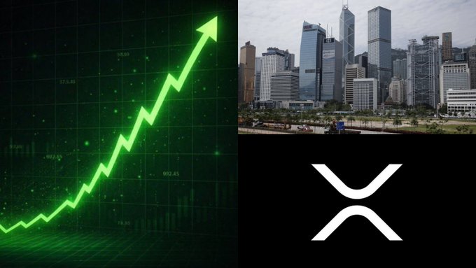 The image features a green upward-pointing stock chart on the left, a cityscape of Hong Kong's financial district on the upper right, and the XRP (Ripple) logo on the lower right. It visually represents Realta Investment Advisors' newly disclosed $260 million position in XRP, symbolizing a significant bullish investment in the cryptocurrency.