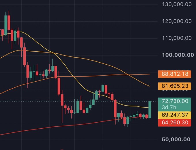 A candlestick chart showing price action with moving averages, with current price at 72,730.00, and key levels at 88,812.18, 81,695.23, 69,247.37, and 64,260.30.