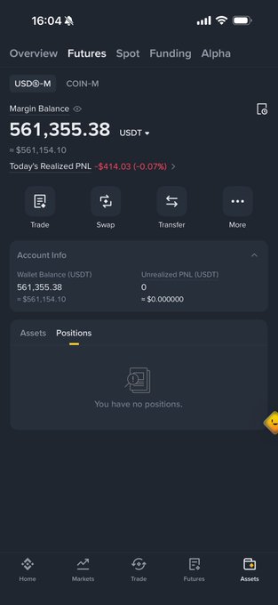 The image shows a Binance Futures account overview displaying a margin balance of 561,355.38 USDT (worth approximately $561,154.10) with zero open positions and a slightly negative daily realized PNL of -$414.03 (-0.07%). This relates to the post by demonstrating the available capital the trader plans to deploy, as they intend to deposit 500k USDT to go long on $ZEC amid heavy shorting activity.