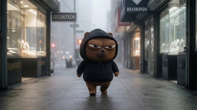 A grumpy-looking cartoon bear wearing a black hoodie walks down a foggy city street lined with "DIAMONDS" shop signs, with the hood pulled up over its head in a tough, streetwise pose that matches the meme caption "$BOBO looking better every day."