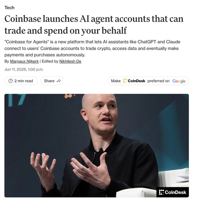 The image features an article about a new product called "Coinbase for Agents" that allows artificial intelligence agents, such as ChatGPT or Anthropic's Claude, to connect directly with users' Coinbase accounts and carry out financial transactions on their behalf. The text in the image is related to this product launch, providing information about how it works and its potential benefits for users.