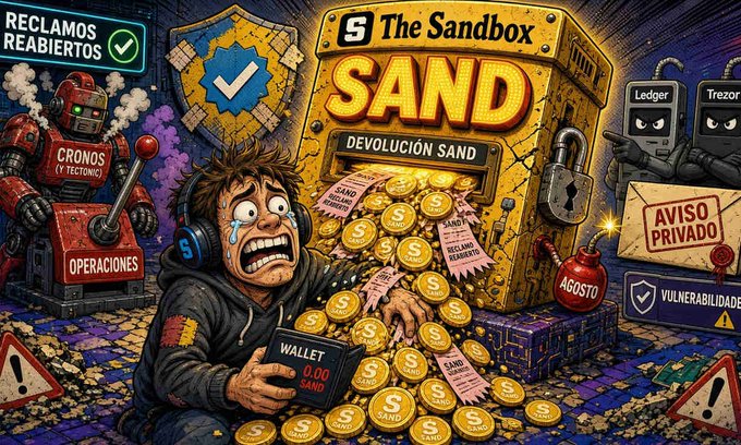 A cartoon illustration shows a crying young man at a slot machine labeled 'The Sandbox SAND' overflowing with gold coins and SAND tokens, with text including 'RECLAMOS REABIERTOS', 'DEVOLUCIÓN SAND', 'CRONOS OPERACIONES', and 'VULNERABILIDADE'.