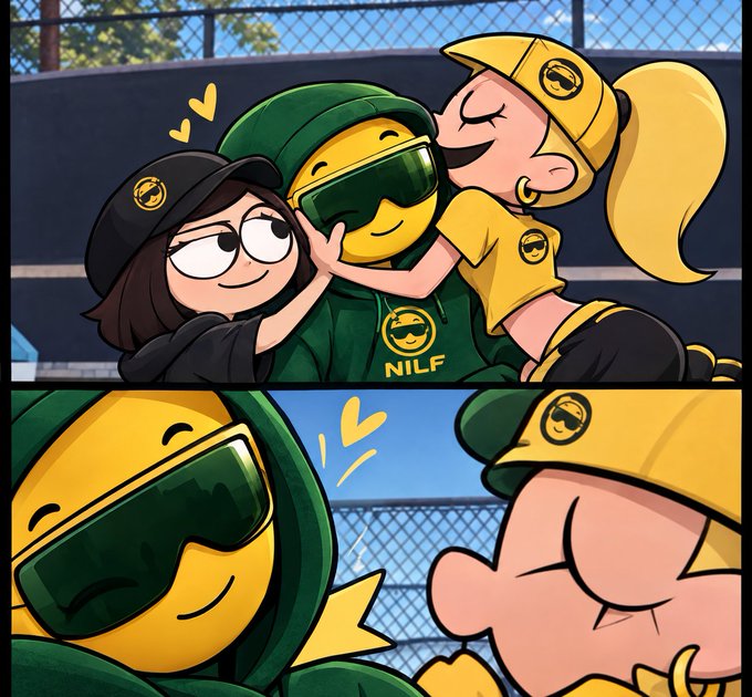 An animated illustration in two panels showing three stylized characters with hats brand 'NILF', depicting affectionate gestures and close-up smiling faces.