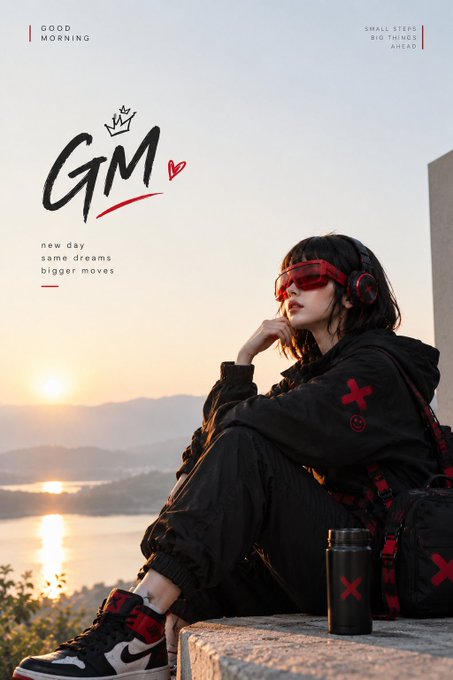 A motivational graphic featuring a woman in black streetwear and red sunglasses with text 'GOOD MORNING', 'GM', 'new day same dreams bigger moves', and 'SMALL STEPS BIG THINGS AHEAD'.