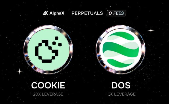A promotional graphic from AlphaX Perpetuals with 0 fees, showcasing two token options: COOKIE with 20X leverage and DOS with 10X leverage, displayed as metallic circular icons against a starry background.