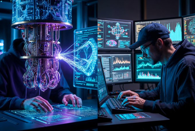 A split image showing a person working with a glowing blue quantum computer on the left and a man in a cap analyzing financial charts on multiple monitors on the right.