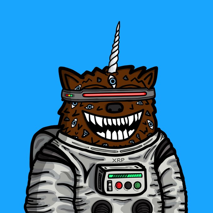 A cartoon illustration of a brown bear/dog hybrid creature wearing a spacesuit labeled "XRP" with a unicorn horn on its head, multiple eyes across its face, sharp teeth, and a red visor with indicator lights, set against a blue background.