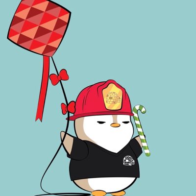 A cartoon illustration of a cute penguin wearing a black shirt and a red cap, holding a red kite and a candy cane against a solid background.