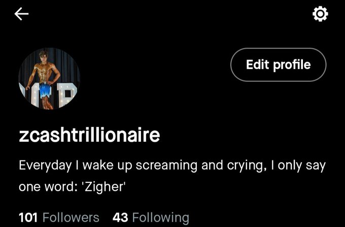 Twitter/X profile for 'zcashtrillionaire' with bio reading 'Everyday I wake up screaming and crying, I only say one word: Zigher', showing 101 Followers and 43 Following.