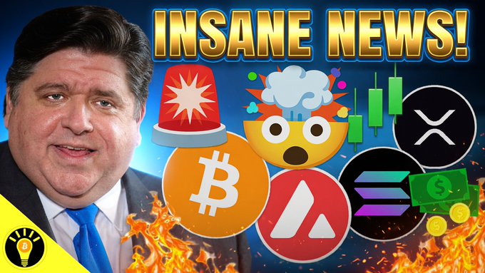 The image features a man wearing a suit, surrounded by various symbols related to cryptocurrency such as Bitcoin, Ethereum, Ripple, and Litecoin. The caption reads "INSANE NEW! ILLINOIS GOVERNOR PASSED BY ILLINOIS GOVERNOR #crypto #cryptonews #bitcoin #solana #avax #avalanche #tokenization #stablecoins #fifa #thinkingcrypto". This suggests that the image is related to a post about cryptocurrency news and events, with the man in the suit symbolizing an authority figure or expert on the subject.
