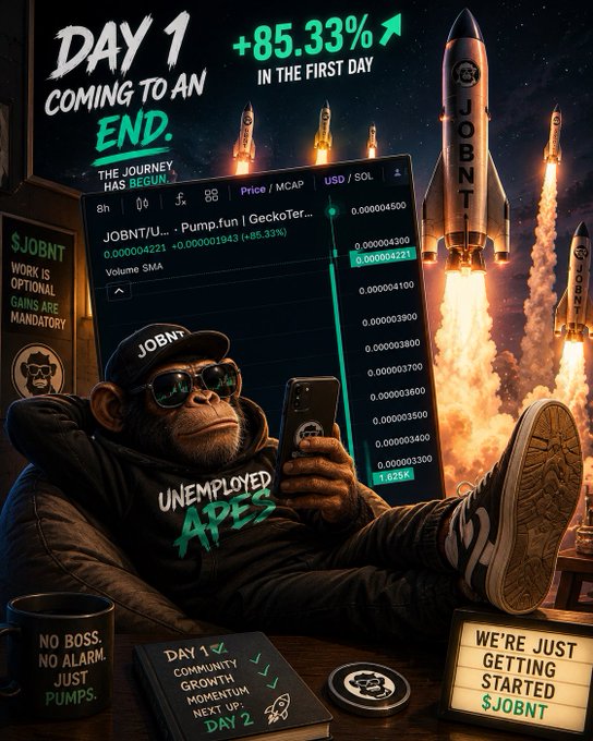 Day 1 has come to an end, as indicated by a chart that shows 85% of people joining an "Unemployed Apes" community for another shift the next day. The post also mentions a meme about Jobs being created through cryptocurrency. It appears there is a joke or humorous element related to the jobs being created in the context of this subreddit.