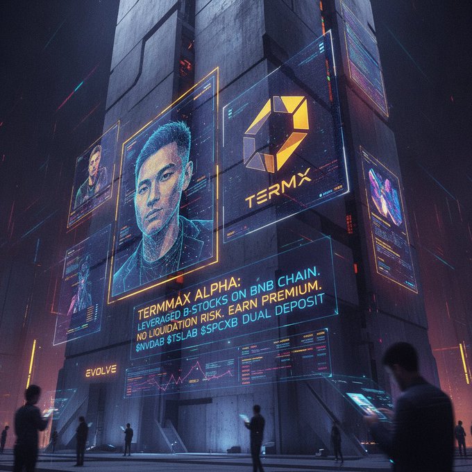 A futuristic cyberpunk cityscape features a large digital billboard advertising 'TERMX' with text 'TERMMXX ALPHA: BNB CHAIN, LEVERAGED B STOCKS ON BNB CHAIN, NO LIQUIDATION RISK. EARN PREMIUM,' and 'EVOLVE' signage nearby.