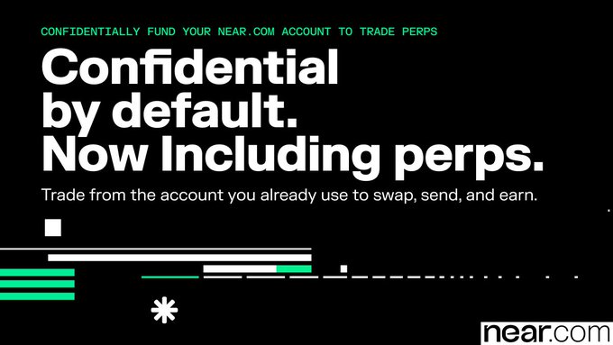 A black promotional graphic for near.com featuring the headline "Confidential by default. Now Including perps." in large white text, with green tag-style text at the top reading "CONFIDENTIALLY FUND YOUR NEAR.COM ACCOUNT TO TRADE PERPS," matching the post's announcement that perps trading is now confidential by default on perps.near.com.