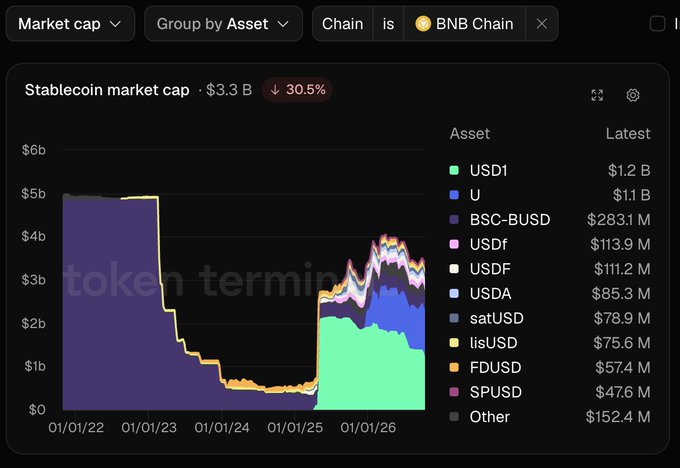 A Token Terminal chart showing the Stablecoin market cap on BNB Chain at $3.3B, down 30.5%, with a breakdown of various stablecoins including USD1 at $1.2B and U at $1.1B.