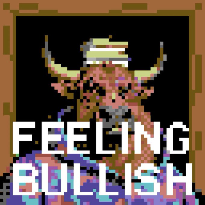 Pixel art image of a horned green-skinned character with the text "FEELING BULLISH" prominently displayed in white block letters.