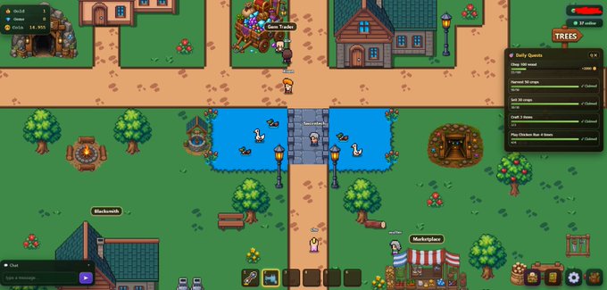 A screenshot from LittleFarmersGG, an early-stage pixel-art farming game, shows a top-down view of a village with a forest lumberyard, market, blacksmith, and duck pond, along with UI elements tracking daily quests, in-game currency, and inventory.

The accompanying tweet mentions the Discord team has been playing LittleFarmersGG since yesterday and finds it promising despite being early in development.