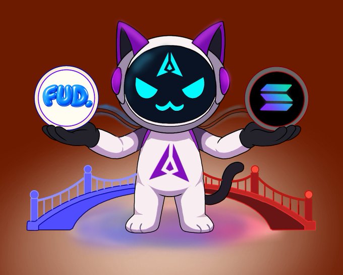 A cartoon illustration of a white cat-like character wearing a hood with purple ears and cyan glowing eyes, holding a coin labeled 'FUD' in one hand and a coin with the Solana logo in the other, standing between a blue and a red bridge.