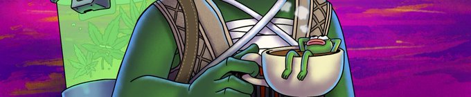 The image features a cartoon character holding a cup of coffee, with two small green creatures sitting inside the cup. The background is a gradient of purple and pink colors, which complements the cartoon character's outfit. The caption below the image reads "gm @PepeExplorers mint day eve".