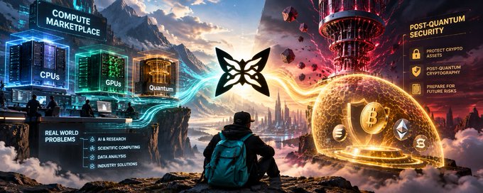 A digital graphic showcasing a 'Compute Marketplace' with GPUs and Quantum computing on one side and 'Post-Quantum Security' for crypto assets on the other, divided by a butterfly logo.