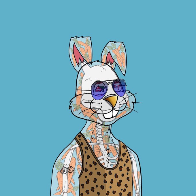 A cartoon illustration of a rabbit character with carrots patterned on its body, wearing purple sunglasses and a leopard print tank top against a light blue background.