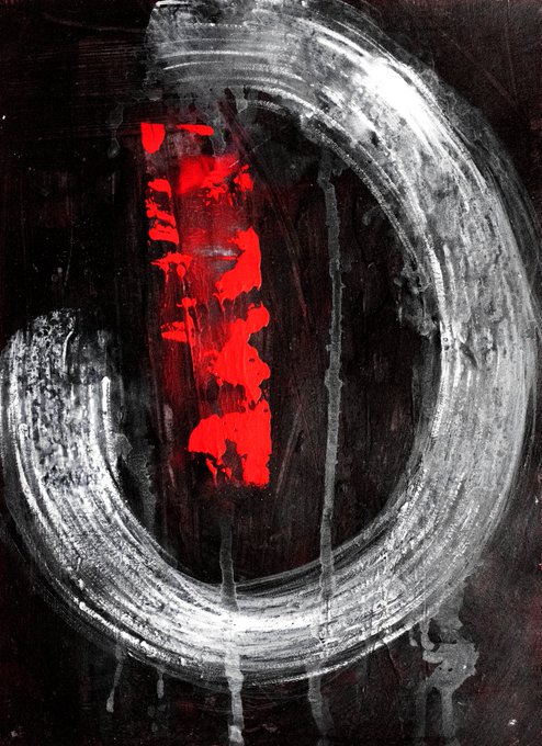 The image features a black and white abstract painting with a large red circle at its center. The painting has a rough texture, giving it an artistic feel. The artist's signature can be seen in the bottom right corner of the artwork. The painting is part of a collection called "Emptiness" by Tez2nd Market, which includes other artworks such as "The Bigger Picture" and "The Bigger Picture 2".