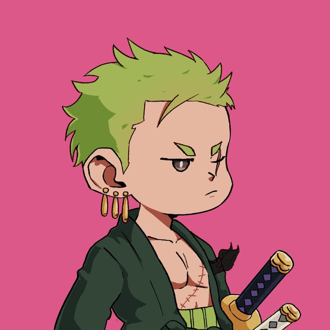 A chibi-style anime character with spiky green hair, multiple gold earrings, and a scar on his chest wears a dark green open jacket, with the hilts of two swords visible against a pink background. The art style resembles One Piece, resembling the character Roronoa Zoro.