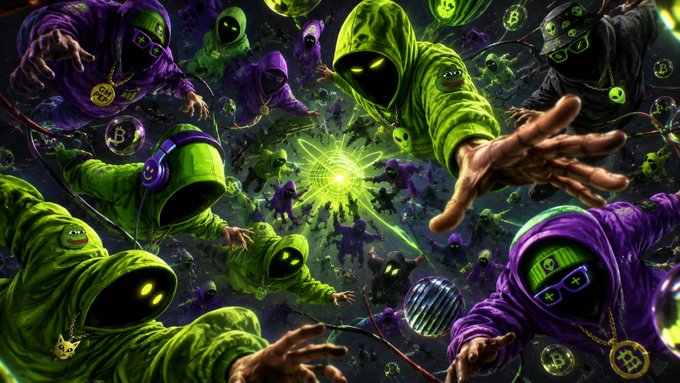 A vibrant digital artwork featuring hooded figures in green and purple reaching toward a glowing central orb, surrounded by floating Bitcoin coins.