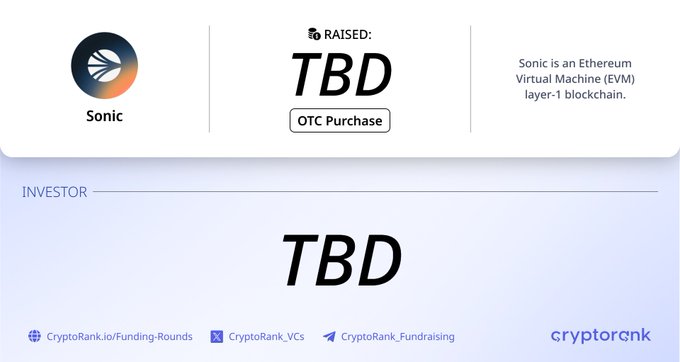 Promotional graphic for a CryptoRank investor round featuring Sonic, with “TBD” marked as the raised amount and labeled “OTC Purchase.” It describes Sonic (@SonicLabs) as an Ethereum Virtual Machine (EVM) layer-1 blockchain and lists links for CryptoRank.io Funding Rounds, CryptoRank_VCs, and CryptoRank_Fundraising.