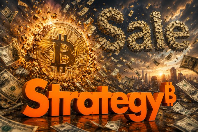 A promotional graphic featuring a large Bitcoin coin exploding through a cloud of dollar bills, with the word 'Sale' and 'Strategy³' in bold orange text.