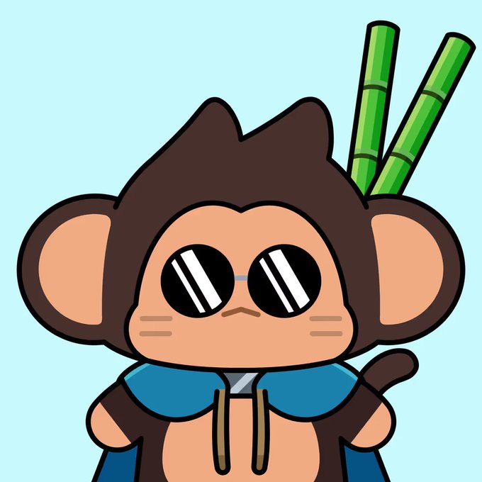 A cartoon chimpanzee character wearing round sunglasses and a blue hoodie with bamboo stalks behind it, representing the "Chimpers" NFT collection featured in the sale post for Hiyuki the Blessed at 0.6080 ETH.