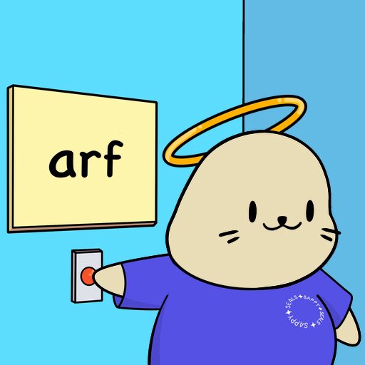 An illustration of a cute, round character with a yellow halo and blue shirt pressing a red alarm button next to a sign that reads 'arf'.