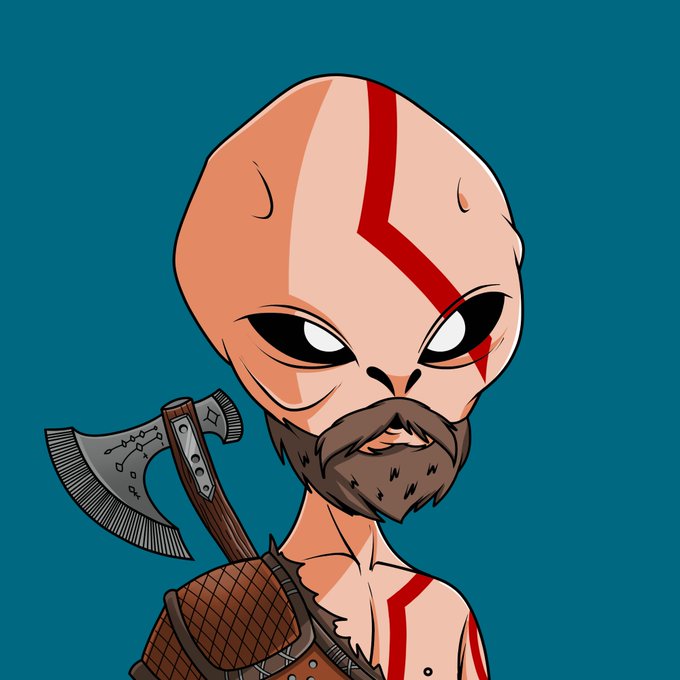 A chibi-style cartoon illustration shows Kratos from God of War, featuring his bald head, red tattoo, beard, and iconic axe weapon.