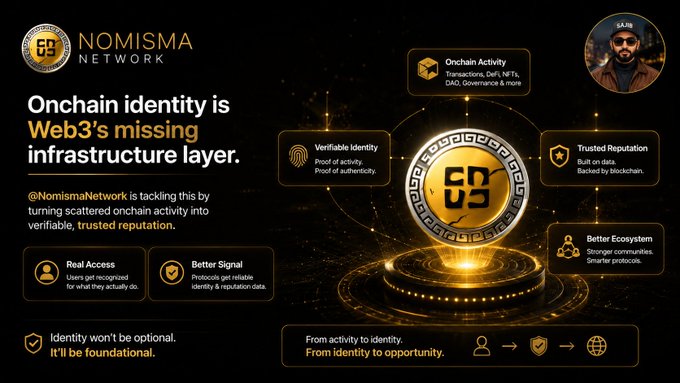 A Nomisma Network promotional graphic stating 'Onchain identity is Web3's missing infrastructure layer,' highlighting features like Verifiable Identity, Trusted Reputation, Real Access, and Better Signal, with a flow from 'activity to identity' to 'identity to opportunity.'
