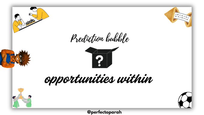 The image features a white background with black text that reads "Prediction bubble on-going" followed by an image of a box containing a question mark, which is part of a larger image depicting people playing soccer. The text also includes links to various social media platforms related to predicting stock market trends and opportunities within the context of the post's title.