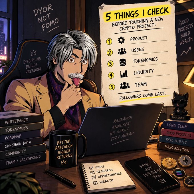 An anime-style illustration of a person with silver hair and a mustache at a desk with a laptop, alongside a checklist titled '5 THINGS I CHECK BEFORE TOUCHING A NEW CRYPTO PROJECT' listing Product, Users, Tokenomics, Liquidity, and Team.