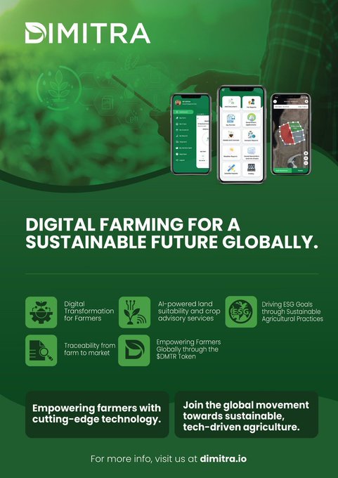 A promotional poster for Dimitra, a digital farming platform, featuring the tagline 'Digital Farming for a Sustainable Future Globally' with mobile app screenshots and key features like Digital Transformation for Farmers, AI-powered land suitability, and Empowering Farmers Globally through the $DMTR Token.