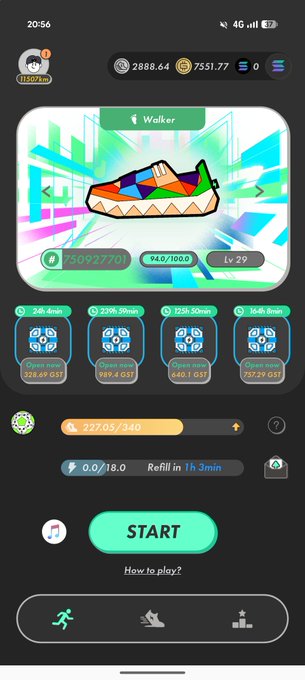 A mobile app screen showing a 'Walker' sneaker NFT at level 29, with various stats, upgrade options, and a START button at the bottom.