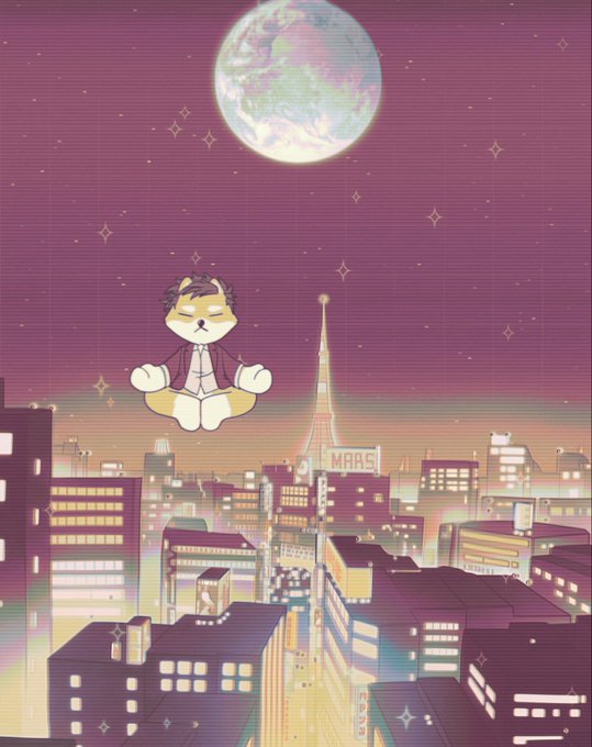 A stylized digital illustration of a cartoon character floating above a purple-hued cityscape at night, with a large moon overhead and a building labeled 'MAAS'.