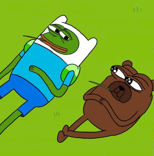 The image features two cartoon characters - a frog and a bear. The frog character has a green shirt and blue pants, while the bear character wears brown clothes with a white face. They are both sitting or lying down on the grass, appearing relaxed and at ease in their surroundings.