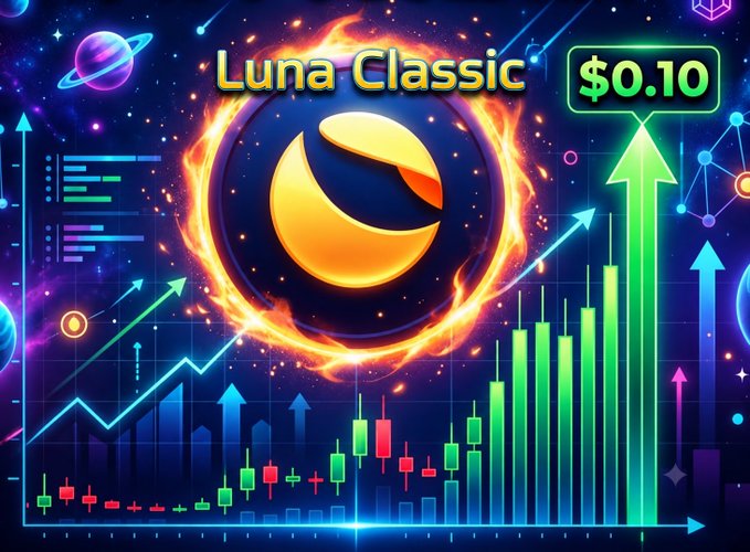 A vibrant crypto-themed graphic displays the "Luna Classic" logo surrounded by flames, with a price tag of "$0.10" and an upward-trending candlestick graph symbolizing a bullish price surge. The imagery reinforces the post's optimistic prediction of a "massive pump" for $LUNC holders, using fiery visuals and rising green bars to convey excitement and anticipated gains.