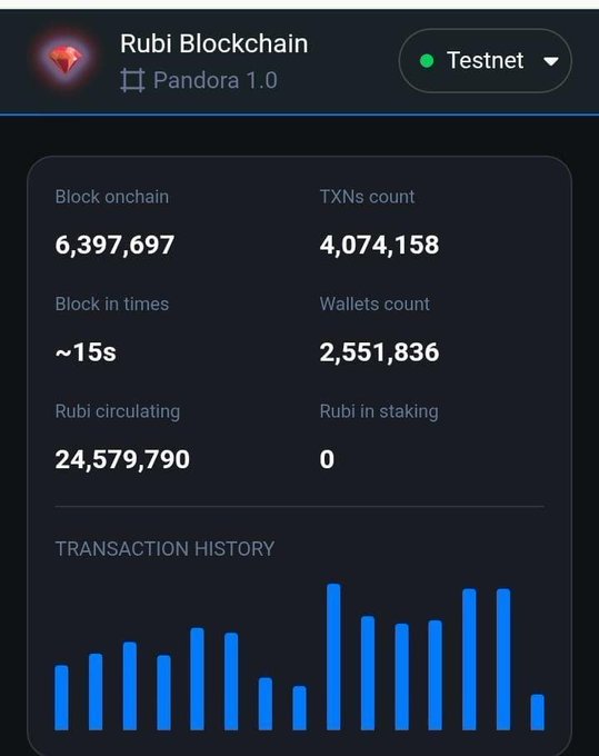 The image shows the Rubi Blockchain Explorer dashboard for the Pandora 1.0 Testnet, displaying key network statistics including 6,397,697 blocks onchain, 4,074,158 transactions, 2,551,836 wallets, ~15s block time, and 24,579,790 Rubi circulating. The dashboard relates to the announcement by showing the explorer interface where miners can track their wallet history and network activity.