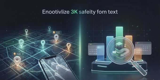 A promotional graphic displays 'Enootivlize 3K safety fom text' above a city map with location pins on the left and a smartphone with a magnifying glass over digital documents on the right.
