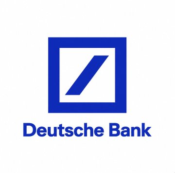 The Deutsche Bank logo, featuring a blue square with a diagonal slash inside, positioned above the company name 'Deutsche Bank' in blue text.
