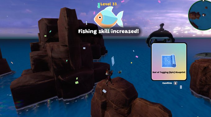 Video game screenshot showing 'Fishing skill increased!' to Level 33, with a 'Rod of Tugging (Epic) Blueprint' reward on a coastal rock formation.