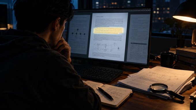 A researcher studies a glowing whitepaper at his desk late into the night, a magnifying glass resting on handwritten notes beside him as he searches for the precise moment the text shifts from marketing promises to technical explanation. The illuminated paragraph on screen, surrounded by diagrams and dense text, embodies the elusive "one section" he hunts for—the point where pitch gives way to proof.