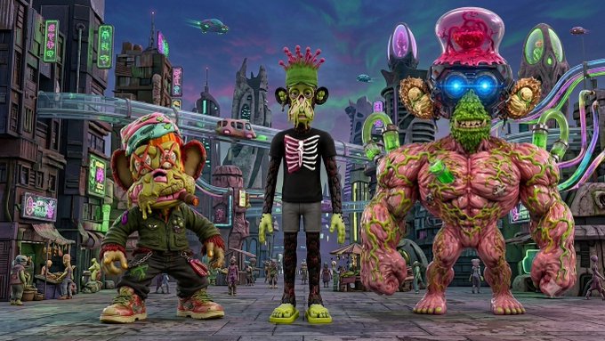 A colorful, psychedelic digital artwork features three grotesque figures—a soldier-like creature, a skeleton-headed character, and a muscular pink blob monster—in a vibrant futuristic cityscape.