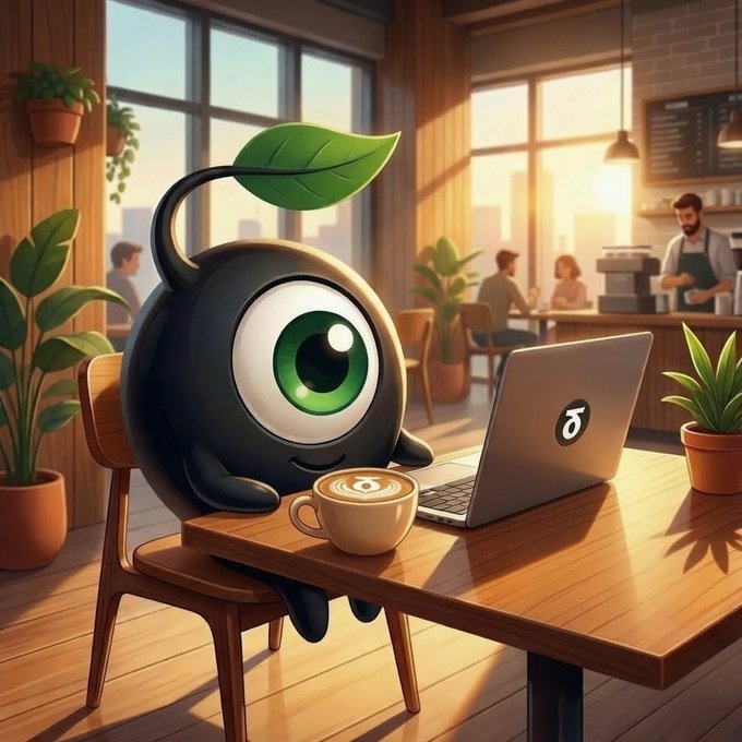 The image features a cartoon character sitting at a table with a laptop computer open in front of them. The character appears to be drinking coffee from a cup while working on their laptop, surrounded by potted plants. There are also other people present in the scene, suggesting that this might be a social setting or a shared workspace.