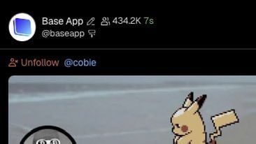 A Base App tweet with 434.2K views shows a "Unfollow @cobie" action above a meme of Pikachu's Pika face, humorously illustrating the post's joke that cobie immediately unfollowed (or resigned) upon opening the Base App for the first time.